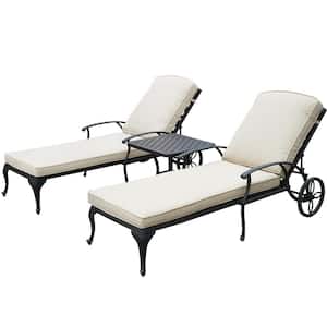 Antique Bronze Outdoor Reclining Chaise Lounge with Table and Beige Cushions (2-Pack)