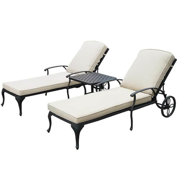 HOMEFUN Antique Bronze Outdoor Reclining Chaise Lounge with Table and Beige Cushions (2-Pack)