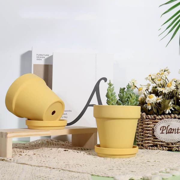 Yellow Terracotta Indoor/Outdoor Planter with Saucer(4 in. W x 4