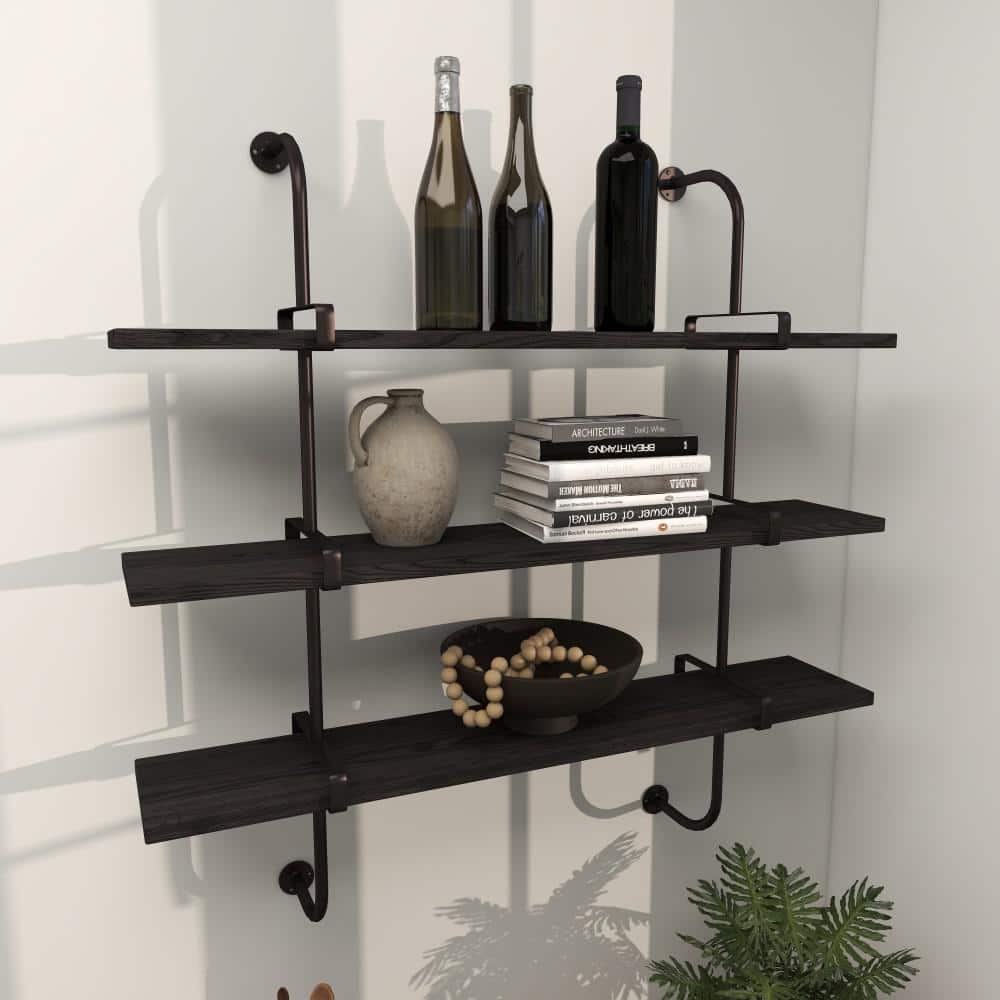 Sleek Gray 38" Industrial Wood Floating Wall Shelf