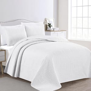 3-Piece White Premium Medallion Oversized Full/Queen Microfiber Quilt Set Bedspread