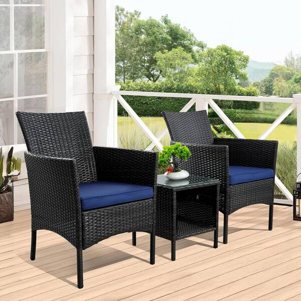 Unbranded 3-Piece Brown Wicker Outdoor Dining Set, Square Table and Rattan Chairs with Blue Cushions
