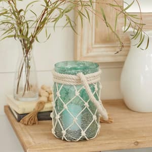 Blue Glass Decorative Candle Lantern with Rope Handle