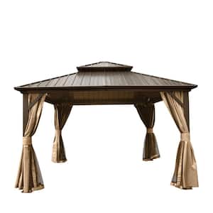 Benja 12 ft. x 12 ft. Aluminum Hardtop Gazebo in Brown with Double Galvanized Steel Roofs and Mosquito Net