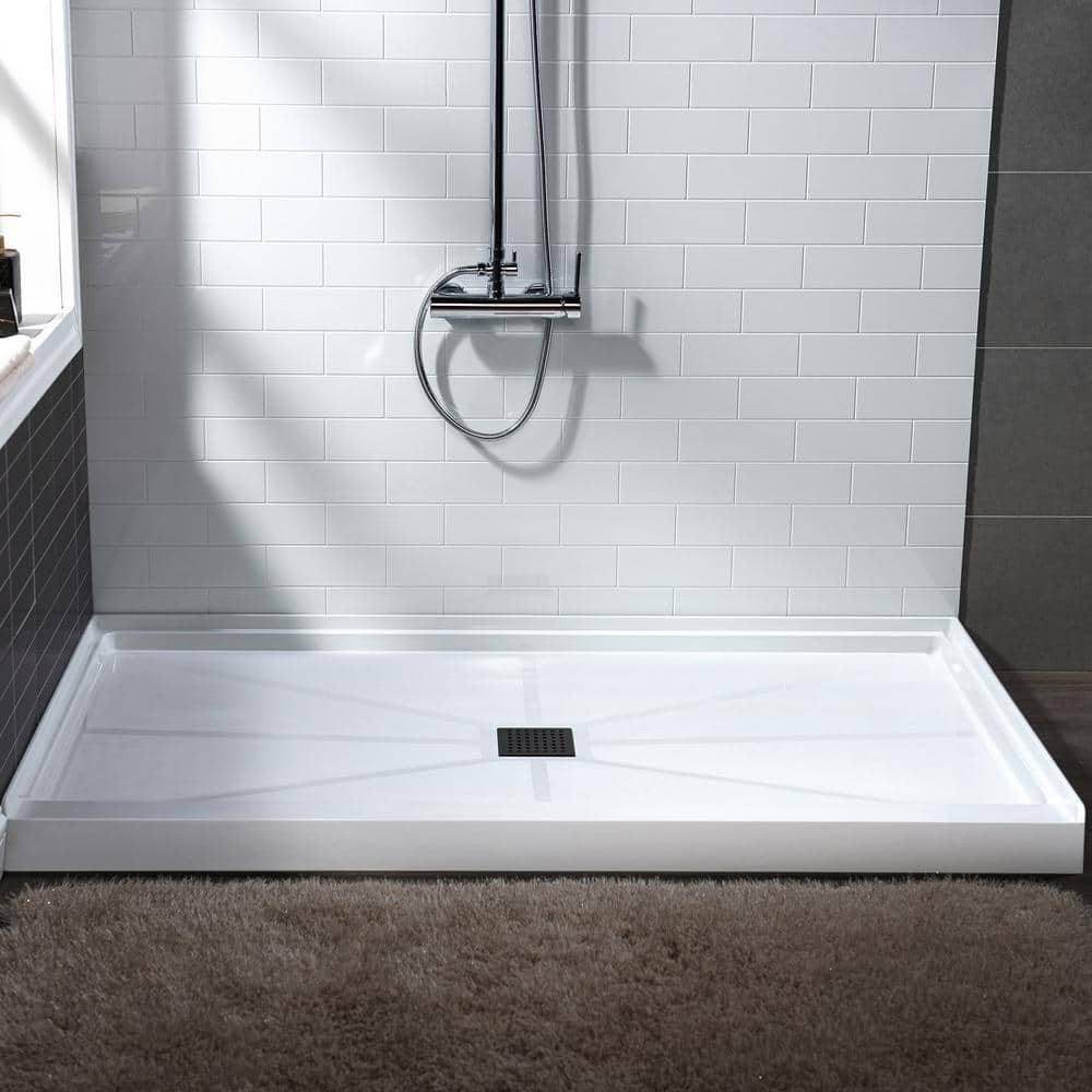 60" x 36" White Solid Surface Shower Pan with Matte Black Drain Cover