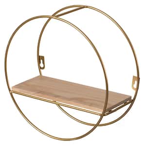 Gold Decorative Round Accent Floating Shelf Circle Decor Display Wall Mounted Rack with Metal Frame and Wood Shelf