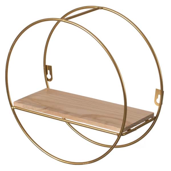 FABULAXE Gold Decorative Round Accent Floating Shelf Circle Decor Display Wall Mounted Rack with Metal Frame and Wood Shelf
