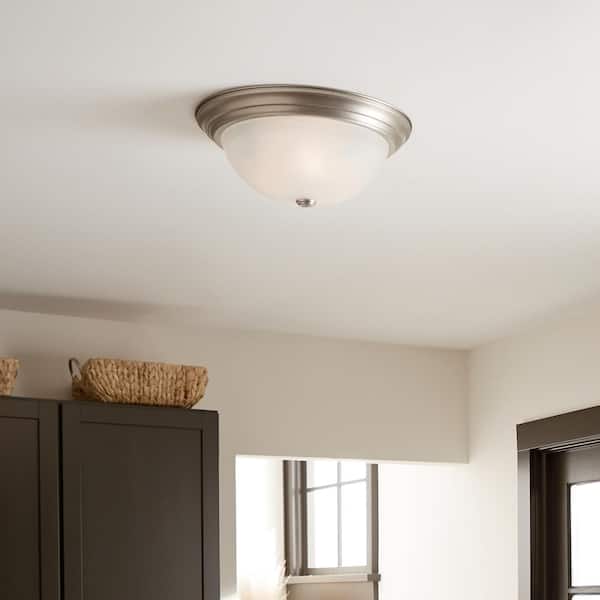 Independence 15.25 in. 3-Light Brushed Nickel Traditional Hallway Flush Mount Ceiling Light with Alabaster Swirl Glass