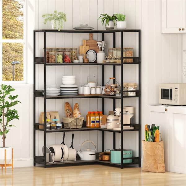 5-Tier L-Shaped Bookcase Corner Bookshelf with Metal Frame Open Display Shelf Gray