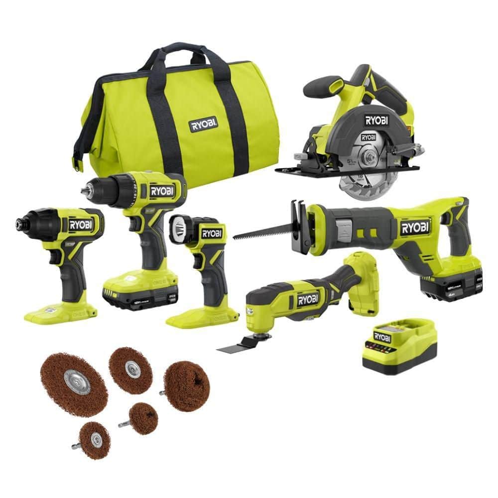 Ryobi ONE+ 18V 6-Tool Combo Kit w/ 2Ah Battery, 4Ah Battery, & Charger w/ Paint & Varnish Removal Set (5-Pieces)