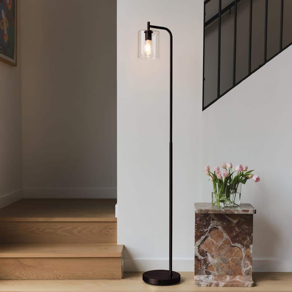 Bronze Industrial Floor Lamp with Glass Shade and Edison Bulb