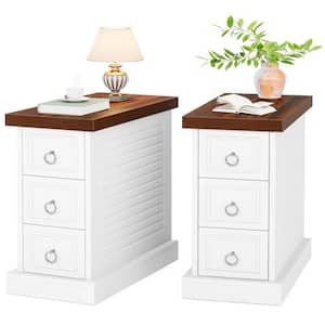 Kerlin 2PCS 23.62 in. Walnut & White Rectangle Wood Side Table Cabinet Farmhouse End Table Nightstand with 3-Drawer