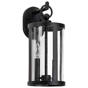 Broadstone 2-Light Matte Black Hardwired Outdoor Wall Lantern Sconce with Clear Seeded Glass Shade