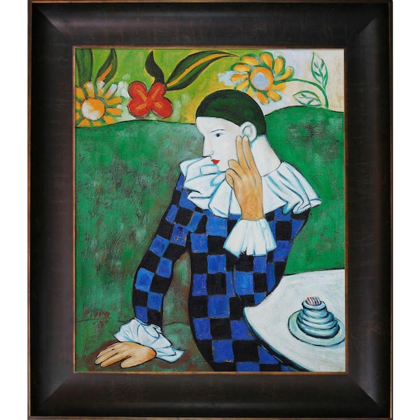 LA PASTICHE Harlequin Leaning on his Elbow by Pablo Picasso Veine D'Or Bronze Framed Oil Painting Art Print 26.5 in. x 30.5 in.