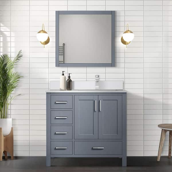 Lexora Jacques 36 in. W x 22 in. D Right Offset Dark Grey Bath Vanity, Cultured Marble Top, and Faucet Set