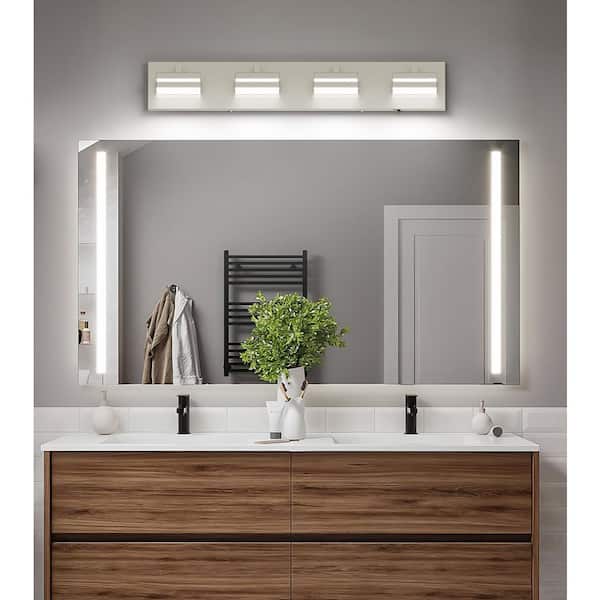 26.77 in. 4-Light Nickel LED Vanity Light with 5-CCT Adjustable Switch and Acrylic Lampshade