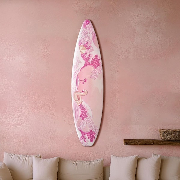 Surfboard 15 in. x 59.5 in. Pinks, White The Great Wave Flamingo & Beachball Beach Shore Decor by AAD MDF Wall Art