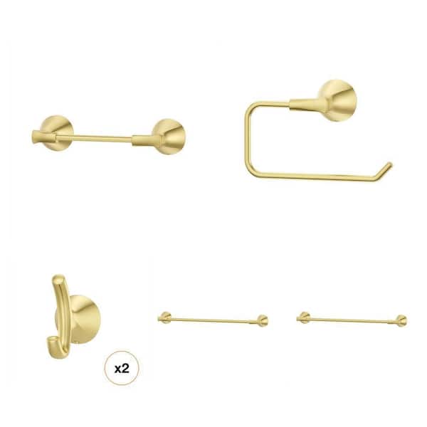 Willa Brushed Gold Bath Set: J-Hook, 24 in. & 18 in. Towel Bars, Towel Ring, Toilet Paper Holder (5 Piece)