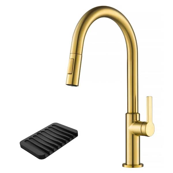 KRAUS Oletto Single Handle Pull Down Sprayer Kitchen Faucet in Spot-Free Brushed Brass with Silicone Soap Dish/Sponge Holder