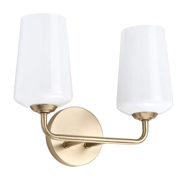 Celino 14 in. 2-Light Champagne Bronze Bathroom Vanity Light with White Glass Shade