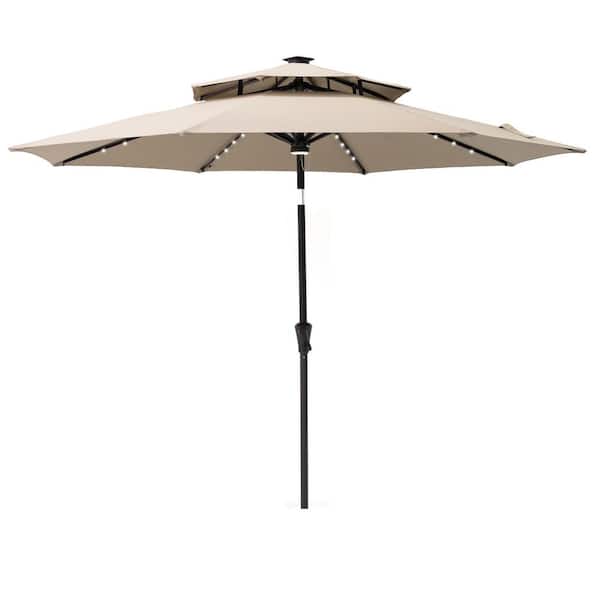C-Hopetree 9 ft. Double Top Aluminum Market Solar Tilt Patio Umbrella with LED Lights in Taupe Solution Dyed Polyester
