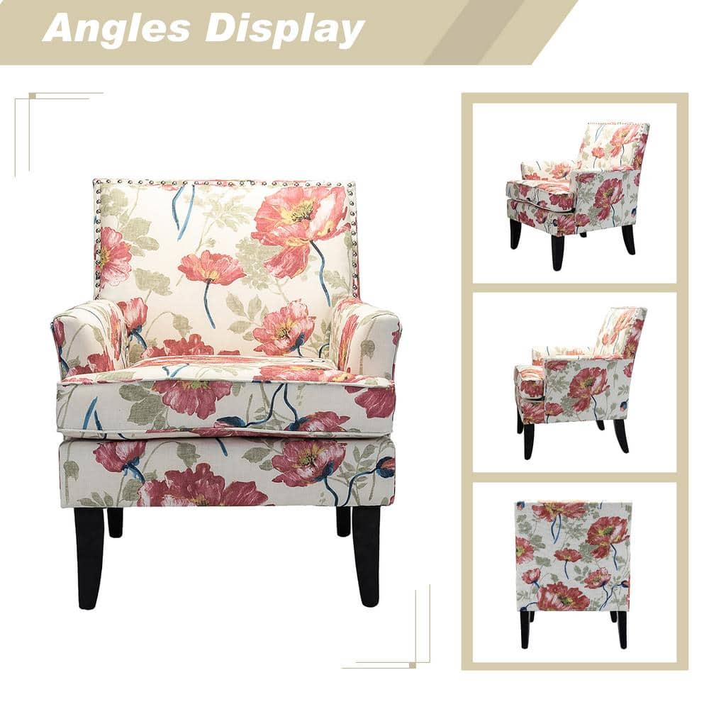 Red Floral Upholstered Accent Chair with Nailhead Trim