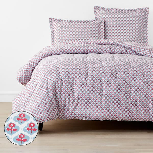 The Company Store Company Cotton Mini Garden Block Blue/Pink Full Cotton Percale Comforter