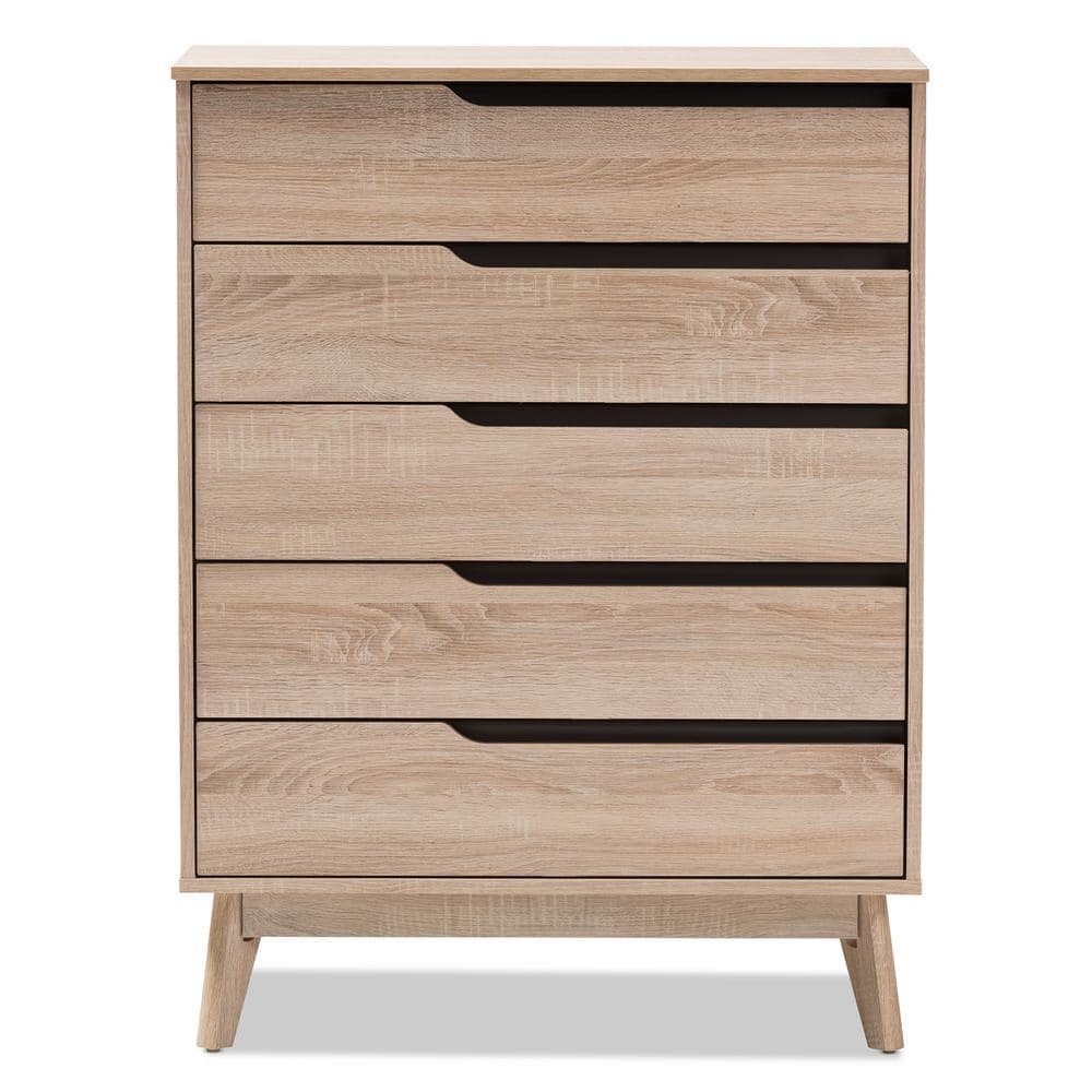 Fella Mid-Century Oak and Gray 5-Drawer Vertical Chest