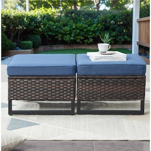2-Pack Brown Wicker Outdoor Ottoman Steel Frame Footstool with Removable Blue Cushions