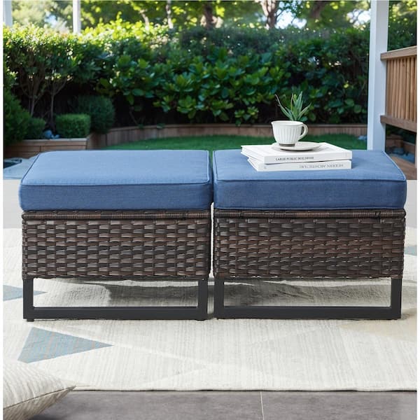 2-Pack Brown Wicker Outdoor Ottoman Steel Frame Footstool with Removable Blue Cushions