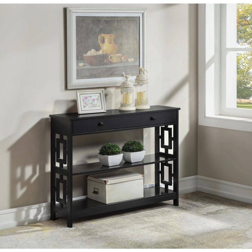 Modern Black Wood Console Table with Storage and Shelves