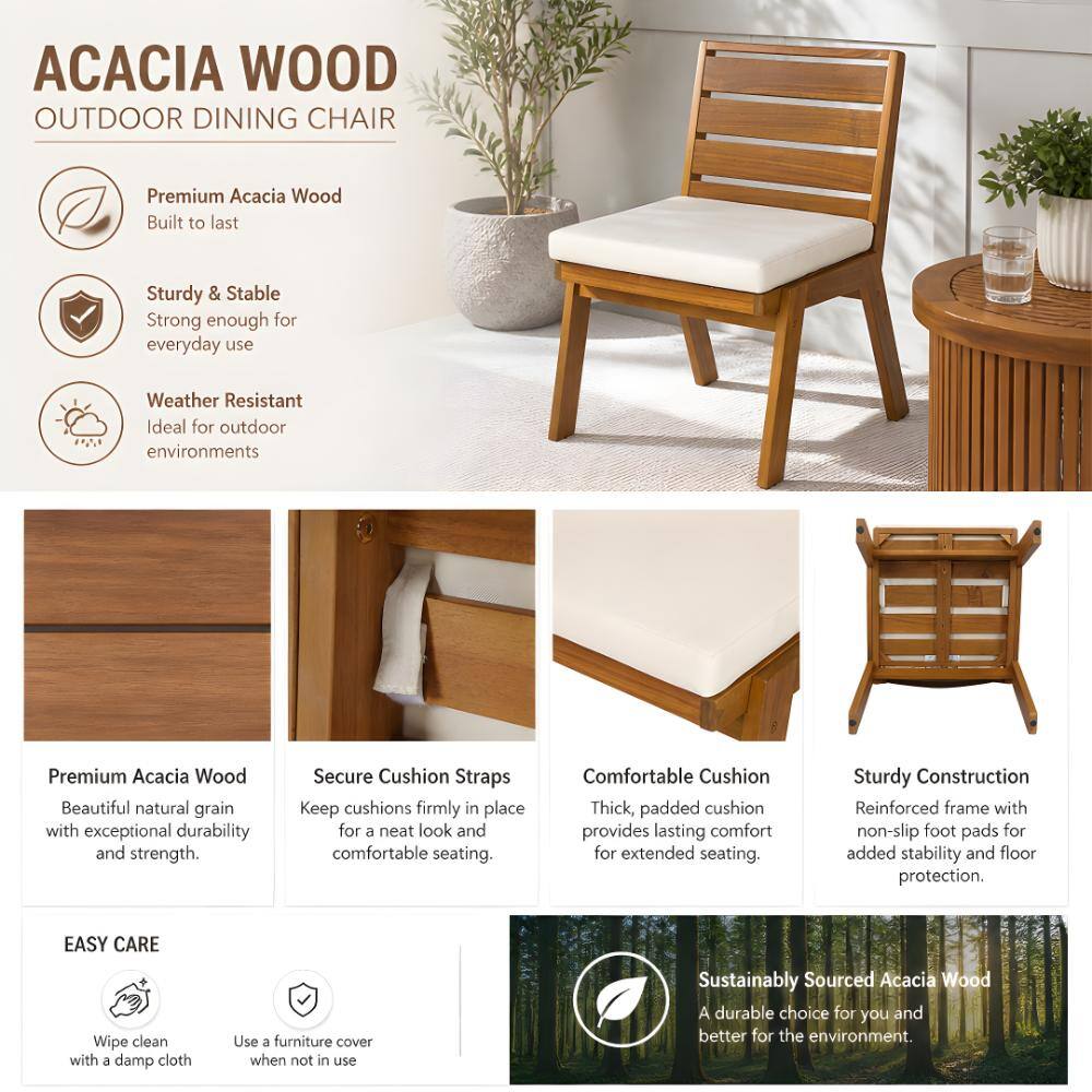 Product specifications and features for an Acacia wood outdoor dining chair.