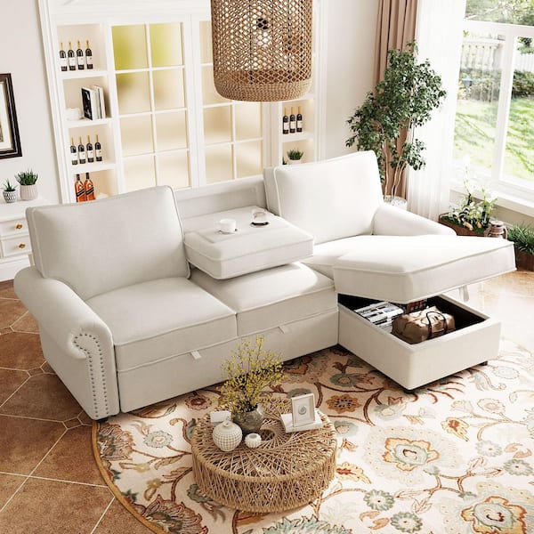 95 in. Rolled Arm Polyester L-Shaped Sofa in Beige with Storage Chaise, 2 Cup Holders and Nail Head Trim