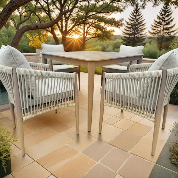 Bali 5-Piece Brown Aluminum Outdoor Dining Table Set with a Square Dining Table Dining Chairs and Cast Natural Cushions