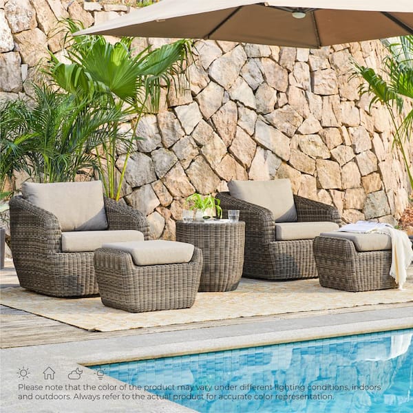 Elspeth 5 Pieces Grey Chair Set with 2 Fabric Swivel Accent Chairs, 2 Ottomans and Side Table with Removable Cushions