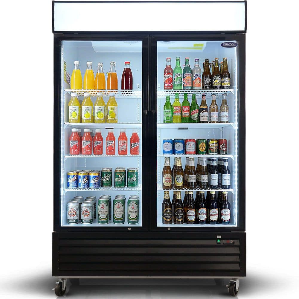 54 in. 44.7 cu. ft. Commercial 2-Glass Door Merchandiser Refrigerator with LED Top Panel in Black, NSF Certified