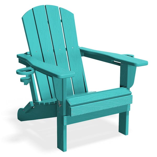 JEAREY Classic Peacock Blue Folding Plastic Adirondack Chairs w/ 2-Cup Holders-Weather Resistant Patio Outdoor Chair (Set of 1)