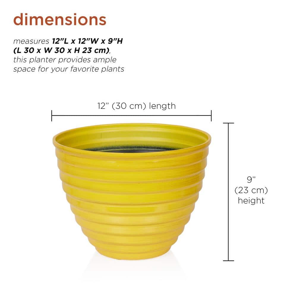 12" Yellow Ribbed Plastic Indoor Outdoor Planter