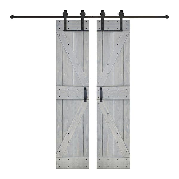 ISLIFE K Series 48 in. x 84 in. Willow Gray Finished DIY Solid Wood Double Sliding Barn Door with Hardware Kit