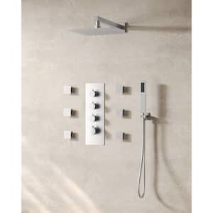 7-Spray Patterns Thermostatic 12 in. Wall Mount Rain Dual Shower Heads with 6-Jet in Brushed Nickel (Valve Included)