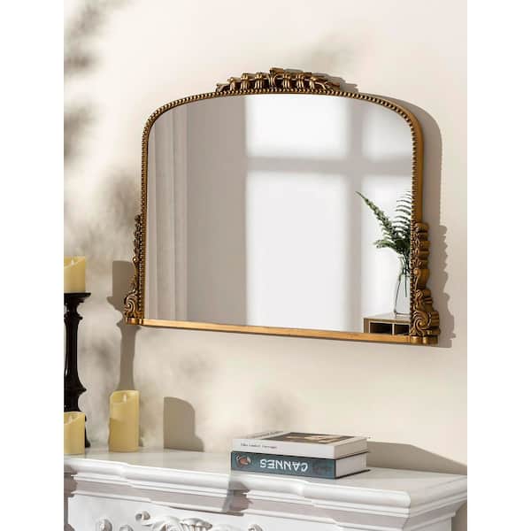 THKSHOUZ Vintage 35.4 in. W x 23.6 in. H Resin Frame Arch Antiqued Gold Mirror Decorative Mirror for Wall