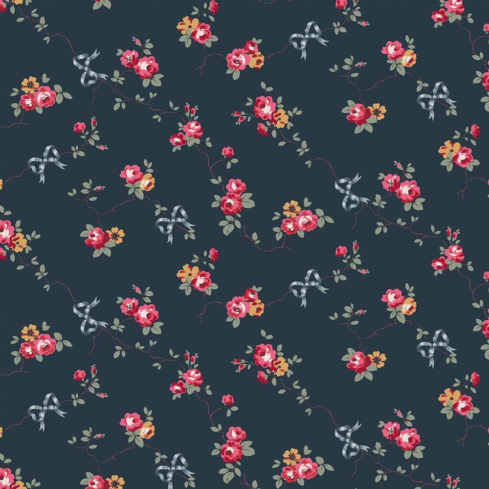 Rose and Bows Navy Wallpaper Sample