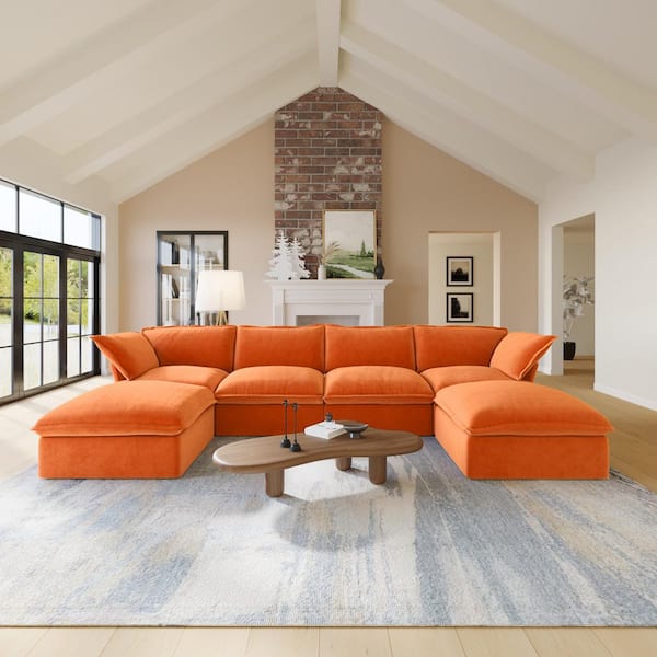 J&E Home 162.98 in. Flared Arm 6-Piece linen U Shaped Sectional Sofa in Orange with Storage Ottoman