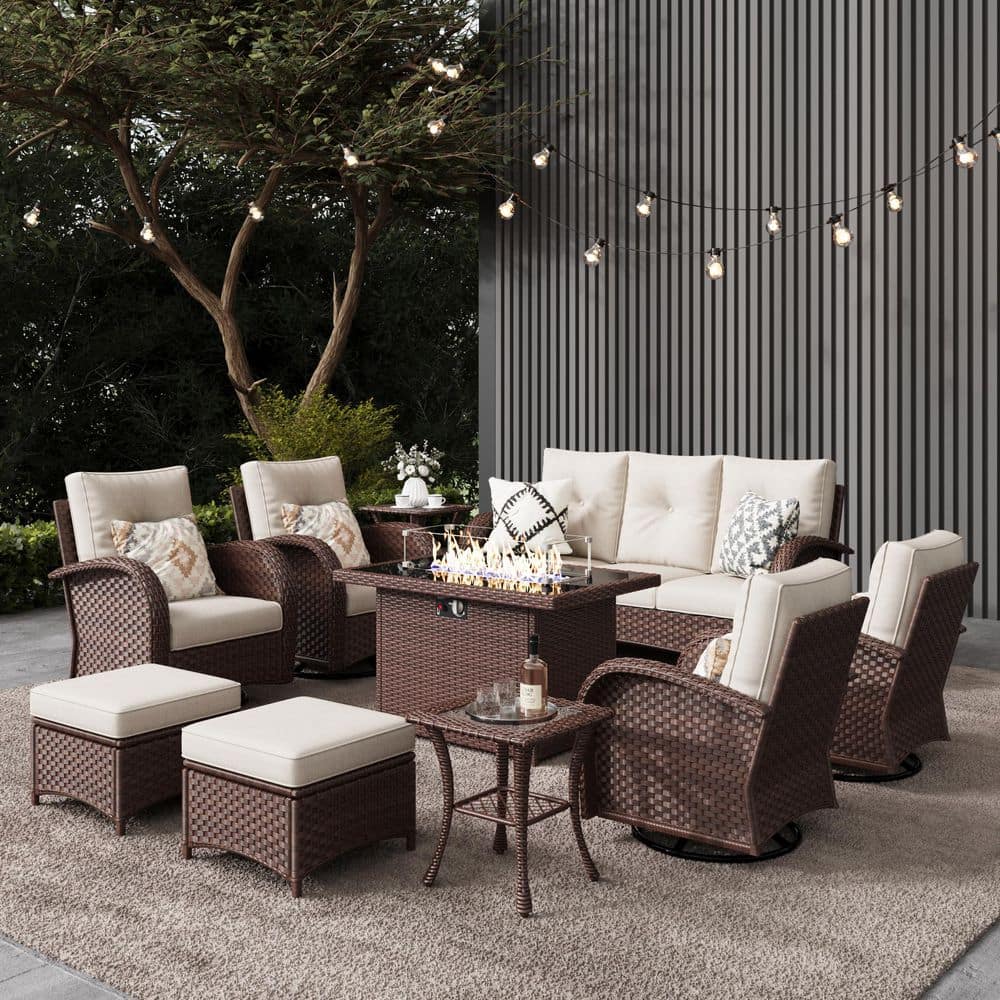 10-Pieces Wicker Swivel Outdoor Chairs Rectangle Fire Pit Patio Conversation Set with Beige Cushions price history on PriceWatchPro