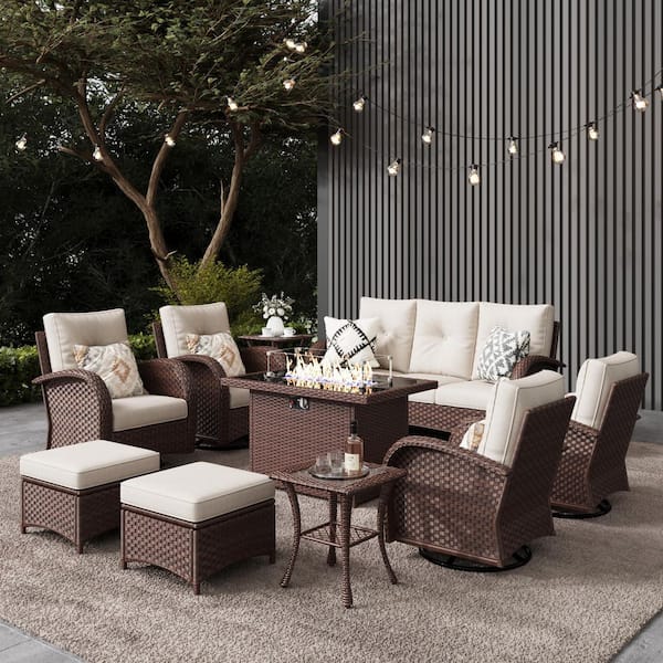 LayinSun 10-Pieces Wicker Swivel Outdoor Chairs Rectangle Fire Pit Patio Conversation Set with Beige Cushions