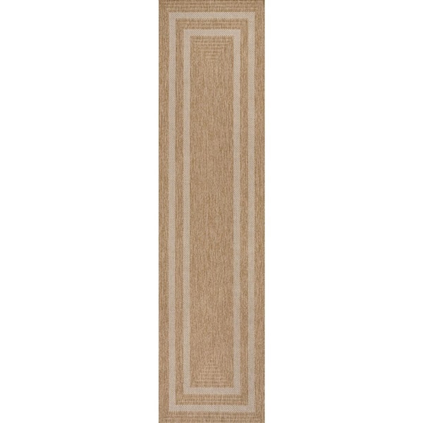 Frenzy Easy Jute Minimalist Boho Inset Border Natural/Beige 2 ft. x 8 ft. Indoor/Outdoor Runner Rug