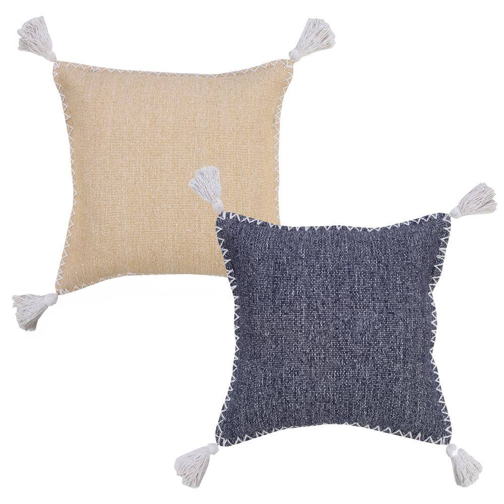 20" Blue and White Embroidered Cotton Throw Pillow