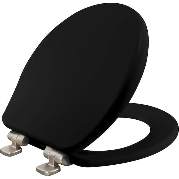 BEMIS Alesio Round Never Loosens Enameled Wood Closed Front Toilet Seat in Black with Soft Close Brushed Nickel Hinges