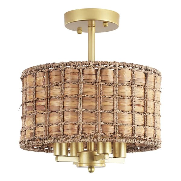 ADSENSTY 11.81 in. 4-Light Gold Drum Natural Rattan Seagrass Semi Flush Mount Ceiling Light Fixtures with No Bulbs Included