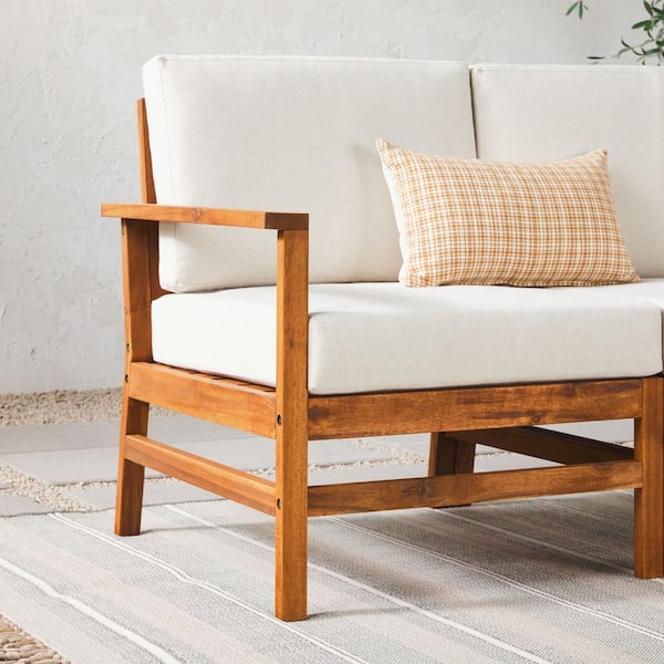 Modern Brown 5-Piece Acacia Wood Outdoor Corner Sectional with Ivory Cushions